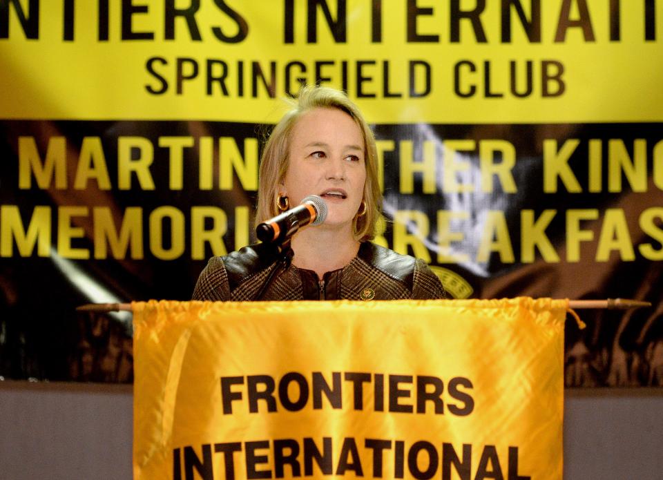 U.S. Rep. Nikki Budzinski, (D-IL 13th District) speaks at the Frontiers International Springfield Club's 48th Annual Dr. Martin Luther King, Jr. Memorial Breakfast at the Wyndham Monday Jan. 16, 2023.