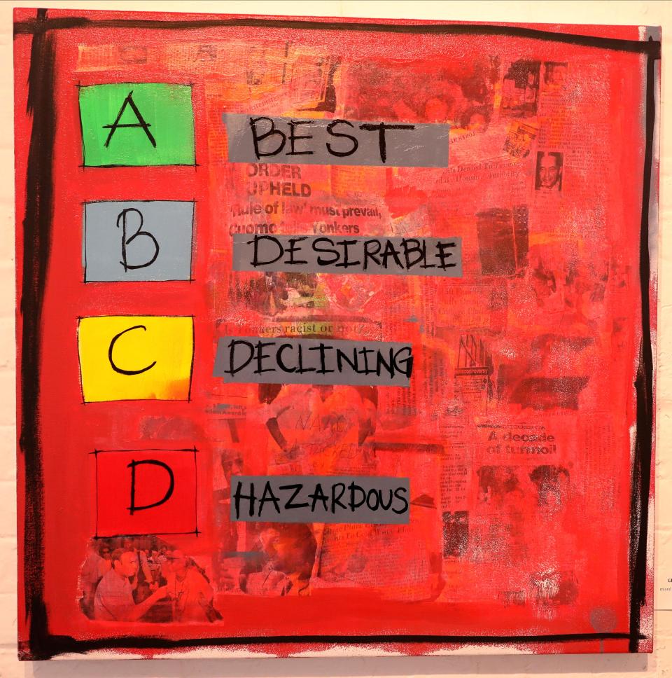 "Grading System" is a piece of art on exhibit by artist Shanequa Benitez at the YonkersArts gallery on Lake Avenue in Yonkers, as pictured Feb. 24, 2023. The show is called, "But Itâ€™s Ours" The Redline Between Poverty and Wealth.