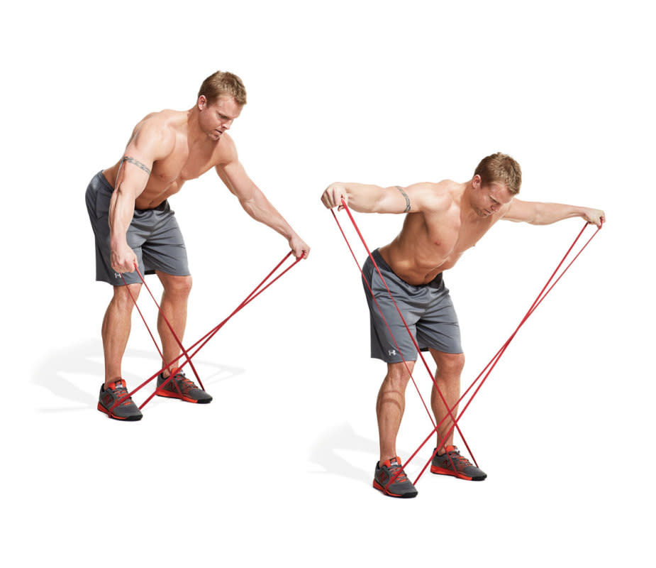How to do it:<ul><li>Stand on the end of one band with your right foot and hold it with your left hand.</li><li>Do the opposite with another band so that the bands cross each other.</li><li>Bend your hips back until your torso is almost parallel to the floor.</li><li>The bands should be taut in this starting position.</li><li>Squeeze your shoulder blades together and raise your arms out to your sides.</li></ul>