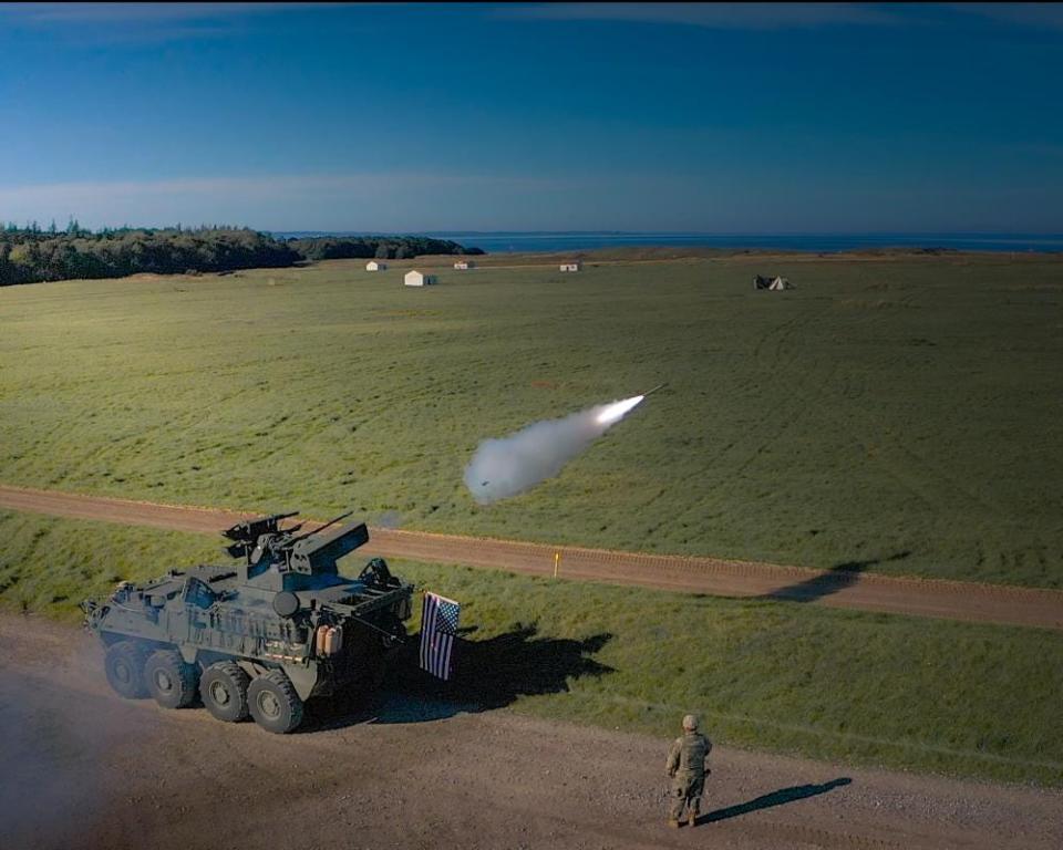 A Stinger missile launches from the new Maneuver Short Range Air Defense system on Oct. 7, 2021