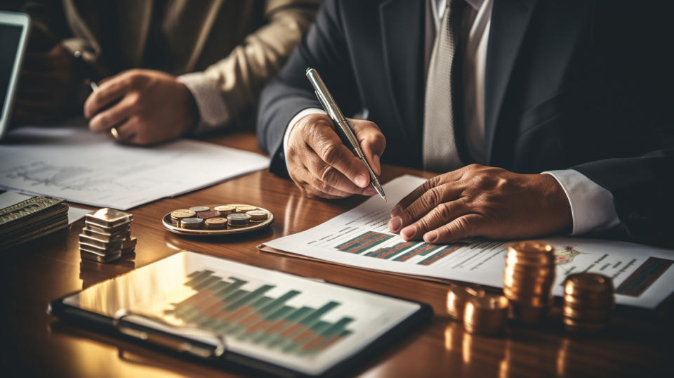 A financial planner presenting an investment portfolio to a client in a private office.