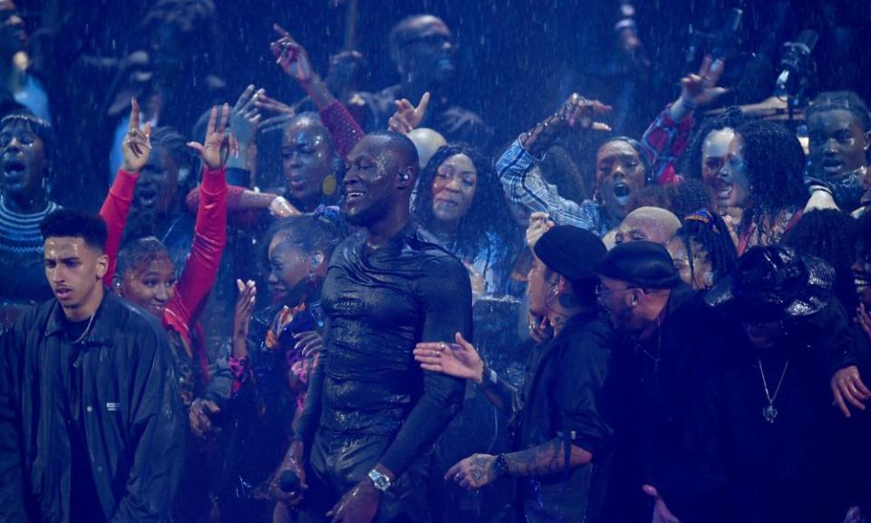 Revel in the might … Stormzy’s finale at the Brit awards.