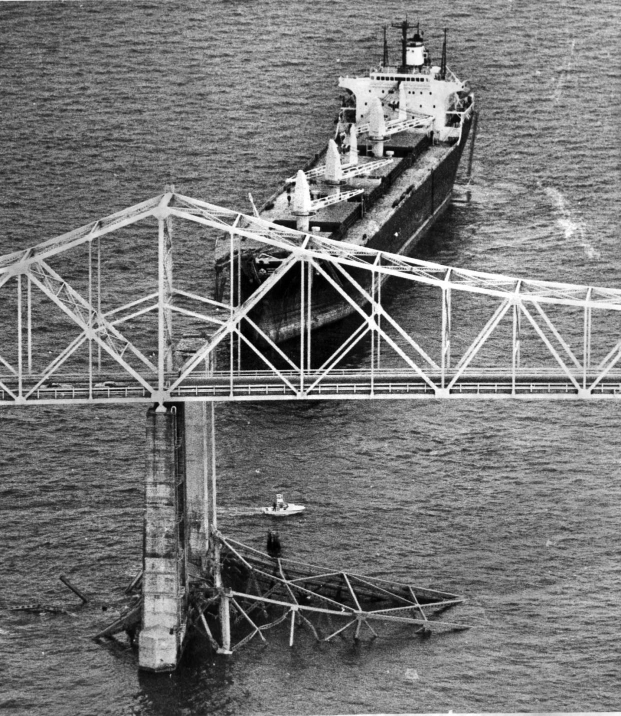 May 9, 1980; Tampa, FL, USA; The Summit Venture sits in Tampa Bay with part of the Sunshine Skyway on its deck in 1980. The ship crashed into the bridge, killing 35 people.