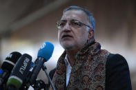 Tehran Mayor Alireza Zakani, a candidate for the June 28 presidential election, speaks, during his campaign rally in Tehran, Iran, Sunday, June 23, 2024. (AP Photo/Vahid Salemi)