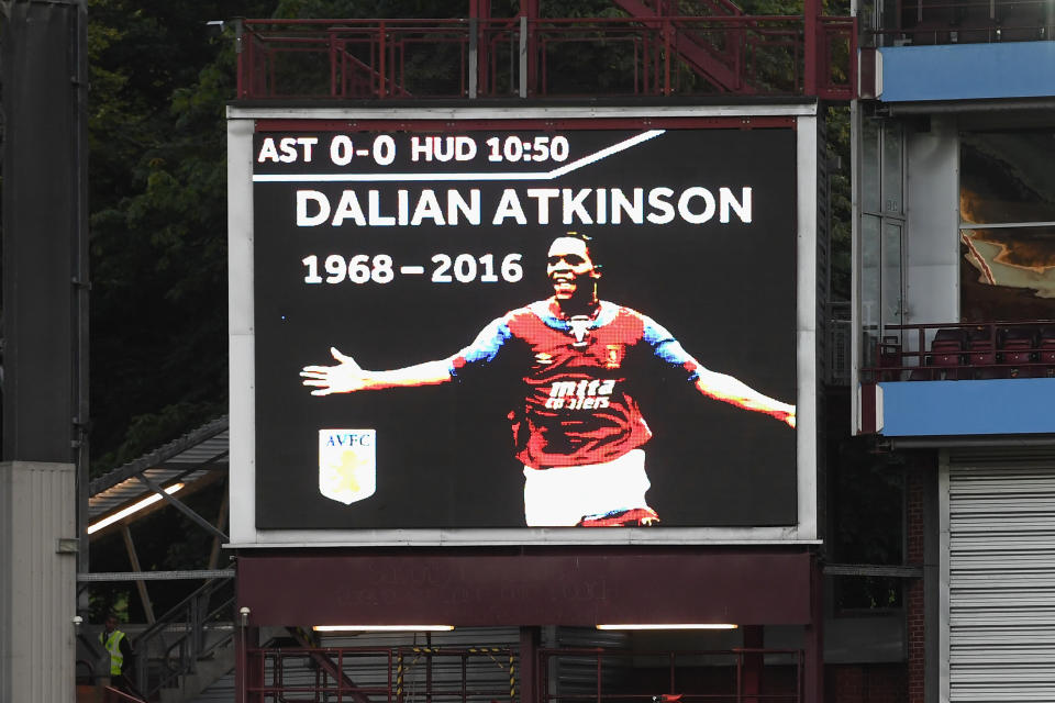 BIRMINGHAM, ENGLAND - AUGUST 16:  A  tribute for Dalian Atkinson is seen on the screen inside the stadium during the Sky Bet Championship match between Aston Villa and Huddersfield Town at Villa Park on August 16, 2016 in Birmingham, England.  (Photo by Stu Forster/Getty Images)