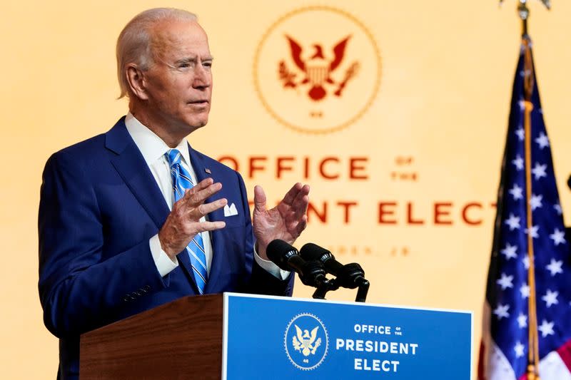 FILE PHOTO: U.S. President-elect Joe Biden delivers pre-Thanksgiving speech at transition headquarters in Wilmington, Delaware