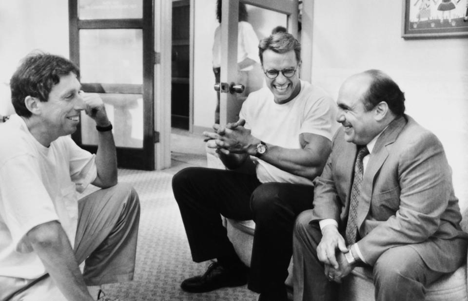 From left: Ivan Reitman, Arnold Schwarzenegger, and Danny DeVito on the set of ‘Junior’ - Credit: AP