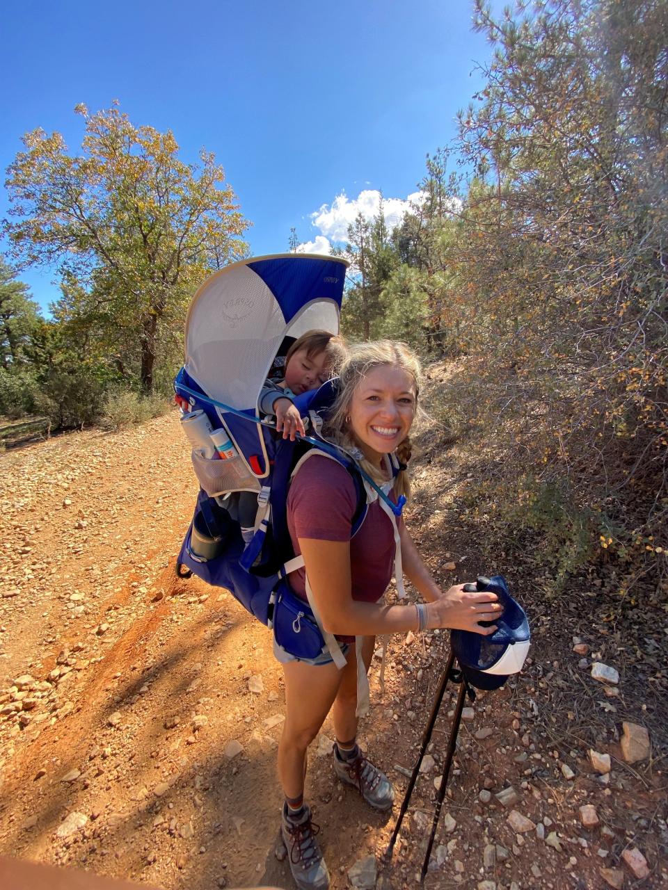 Evans carried Landon in a carrier on her back, which she said was "extremely heavy" but he mostly napped anyway.