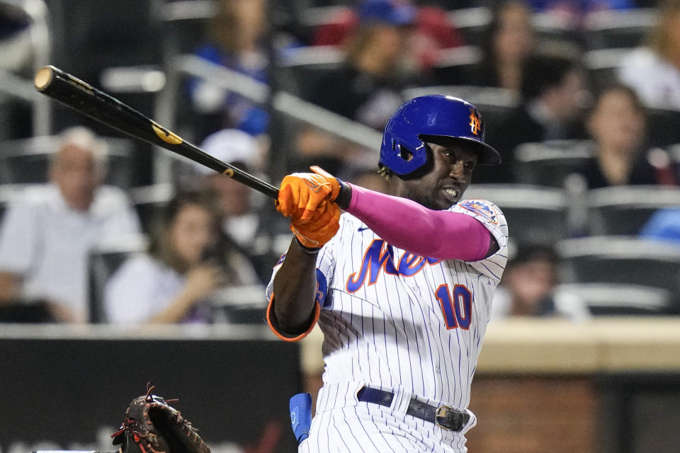 New York Mets' Ronny Mauricio follows through on a two-run home run against the Arizona Diamondbacks during the fourth inning of a baseball game Tuesday, Sept. 12, 2023, in New York. (AP Photo/Frank Franklin II)