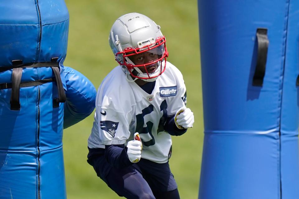 New England Patriots wide receiver Tyquan Thornton takes part in drills at the NFL football team's practice facility in Foxborough, Mass., Monday, May 23, 2022.