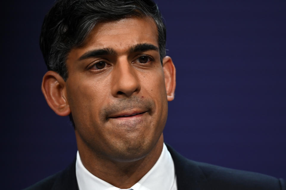 BLETCHLEY, ENGLAND - NOVEMBER 2: Britain's Prime Minister Rishi Sunak speaks during a closing press conference at the AI Safety Summit at Bletchley Park on November 2, 2023 in Bletchley, England. The UK Government are hosting the AI Safety Summit bringing together international governments, leading AI companies, civil society groups and experts in research to consider the risks of AI, especially at the frontier of development, and discuss how they can be mitigated through internationally coordinated action. (Photo by Justin Tallis - WPA Pool/Getty Images)