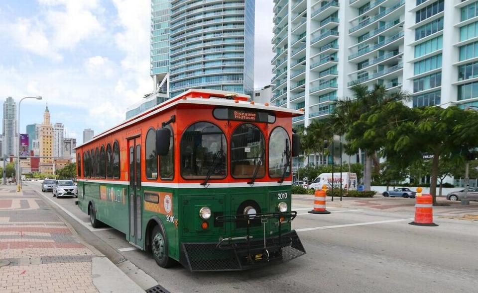 A trolley on Biscayne Boulevard in downtown Miami. New routes have launched in recent years through Little Haiti and Liberty City.