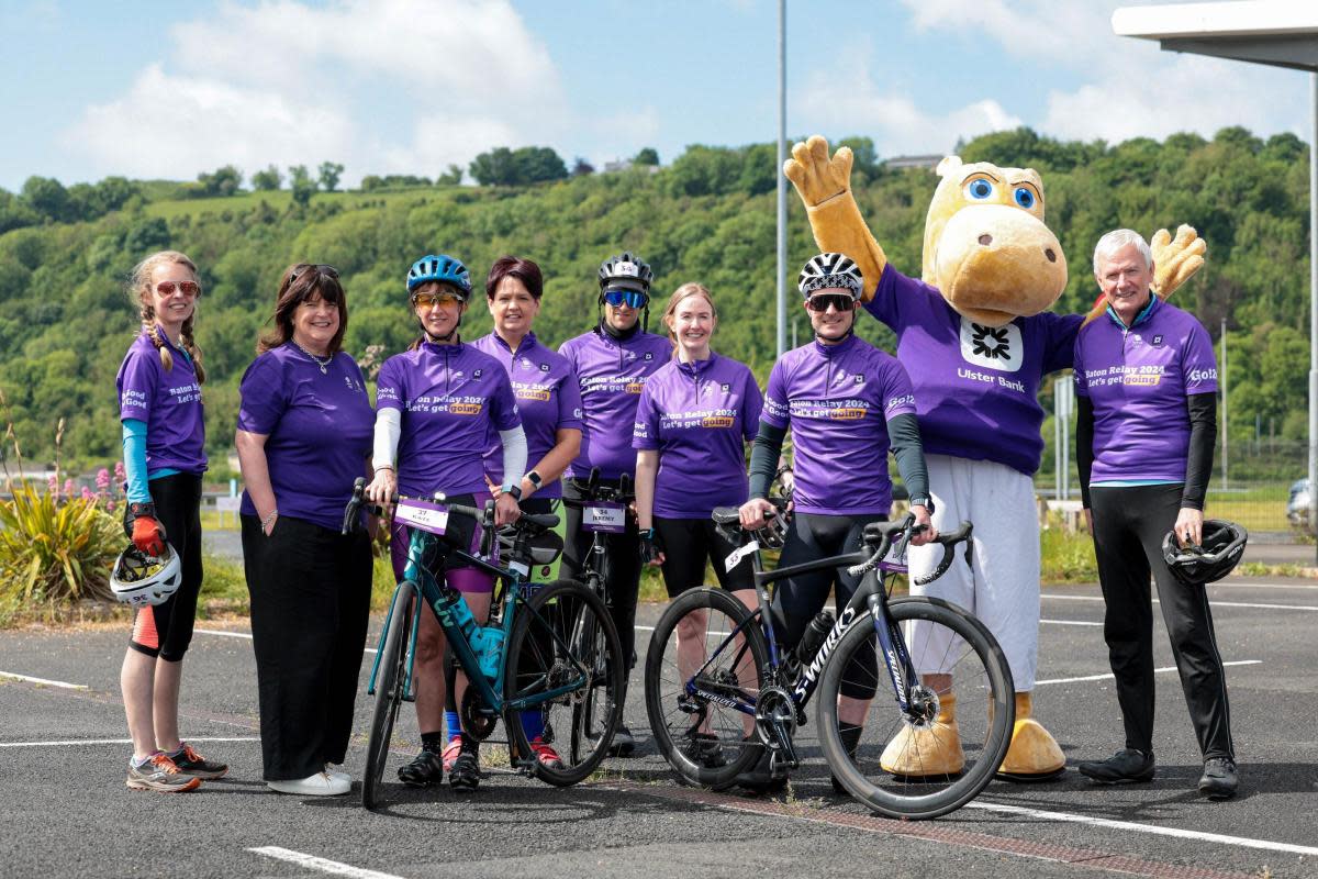 Ulster Bank's Victoria Ward, Gillian McCandless, Kate Warwick, Shirley Thompson, Jeremy Strong, Cathy McAllister and Jeff Aiken with Ulster Bank mascot Henri Hippo <i>(Image: Supplied)</i>