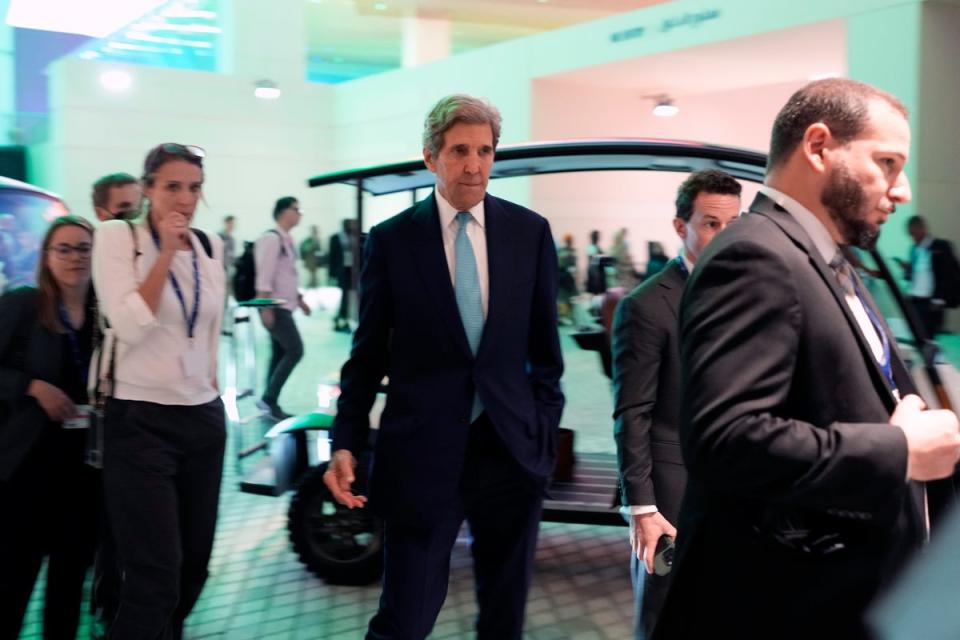 John Kerry, US special presidential envoy for climate, at the Cop28 venue on Thursday (AP)