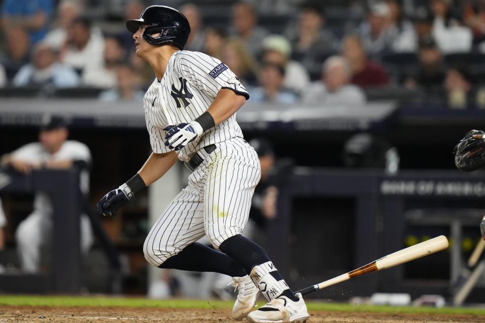 New York Yankees' Anthony Volpe follows through on a RBI single during the sixth inning of a baseball game against the Houston Astros, Thursday, Aug. 3, 2023, in New York. (AP Photo/Frank Franklin II)