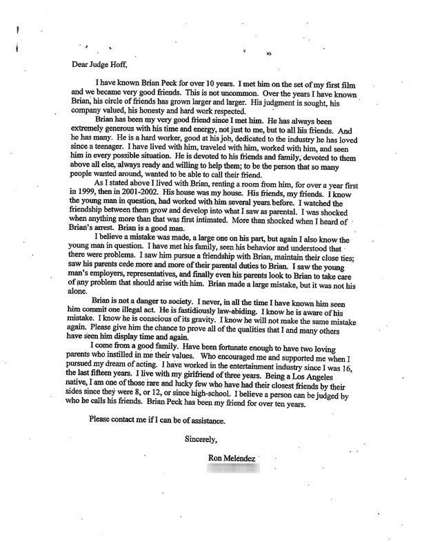 Ron Melendez's letter to the judge in support of Brian Peck.