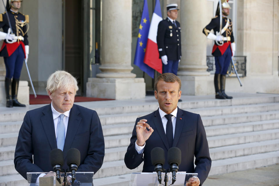 PARIS, FRANCE - AUGUST 22: French President Emmanuel Macron makes a statement to the media next to British Prime Minister Boris Johnson prior to their meeting on Brexit at the Elysee Presidential Palace on August 22, 2019 in Paris, France. Boris Johnson is on an official visit to Paris. (Photo by Chesnot/Getty Images)