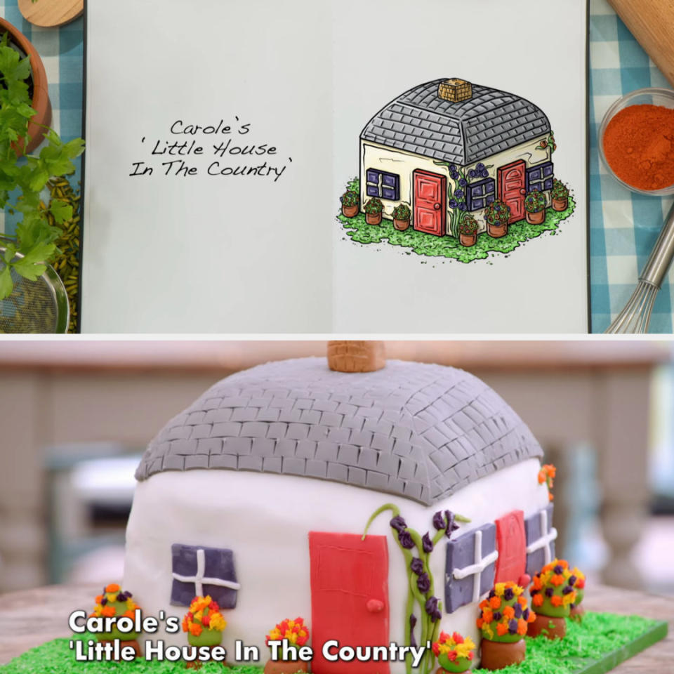 Drawing of Carole's showstopper cake side by side with the actual bake