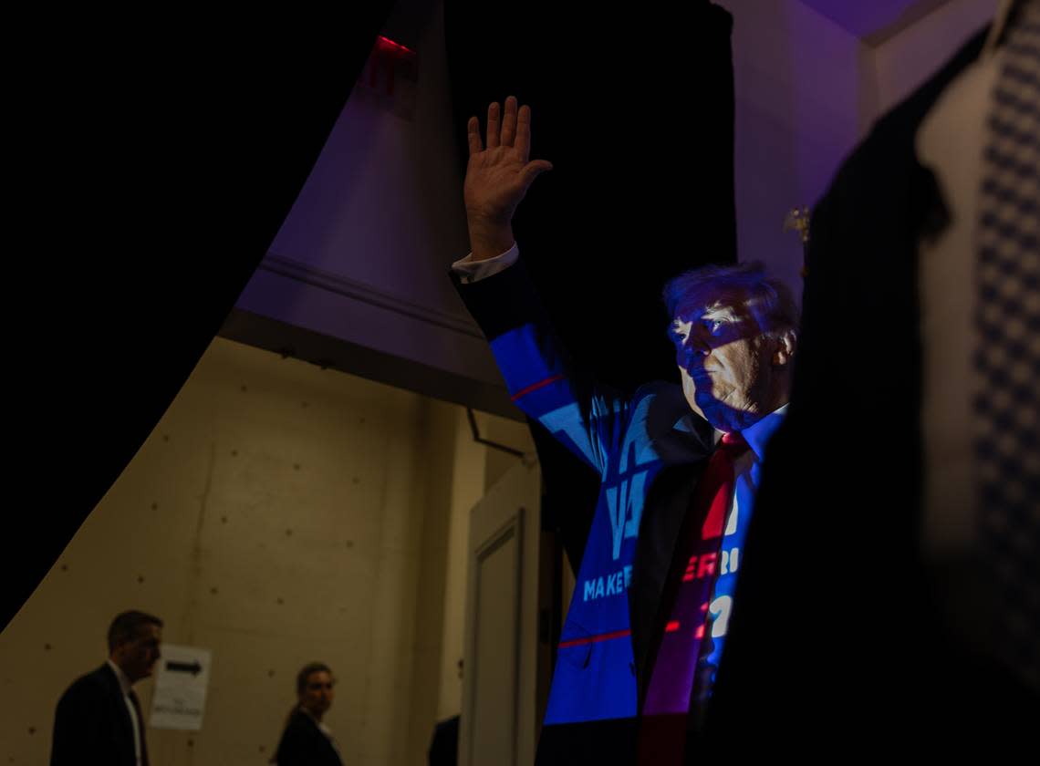 Former President Donald Trump acknowledges before his remarks to the Fraternal Order of Police in Charlotte, N.C., on Friday, September 6, 2024.