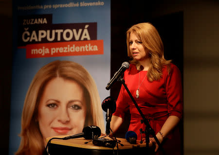 FILE PHOTO: Slovakia's presidential candidate Zuzana Caputova speaks after the first unofficial results at a party election headquarters in Bratislava, Slovakia, March 16, 2019. REUTERS/David W Cerny