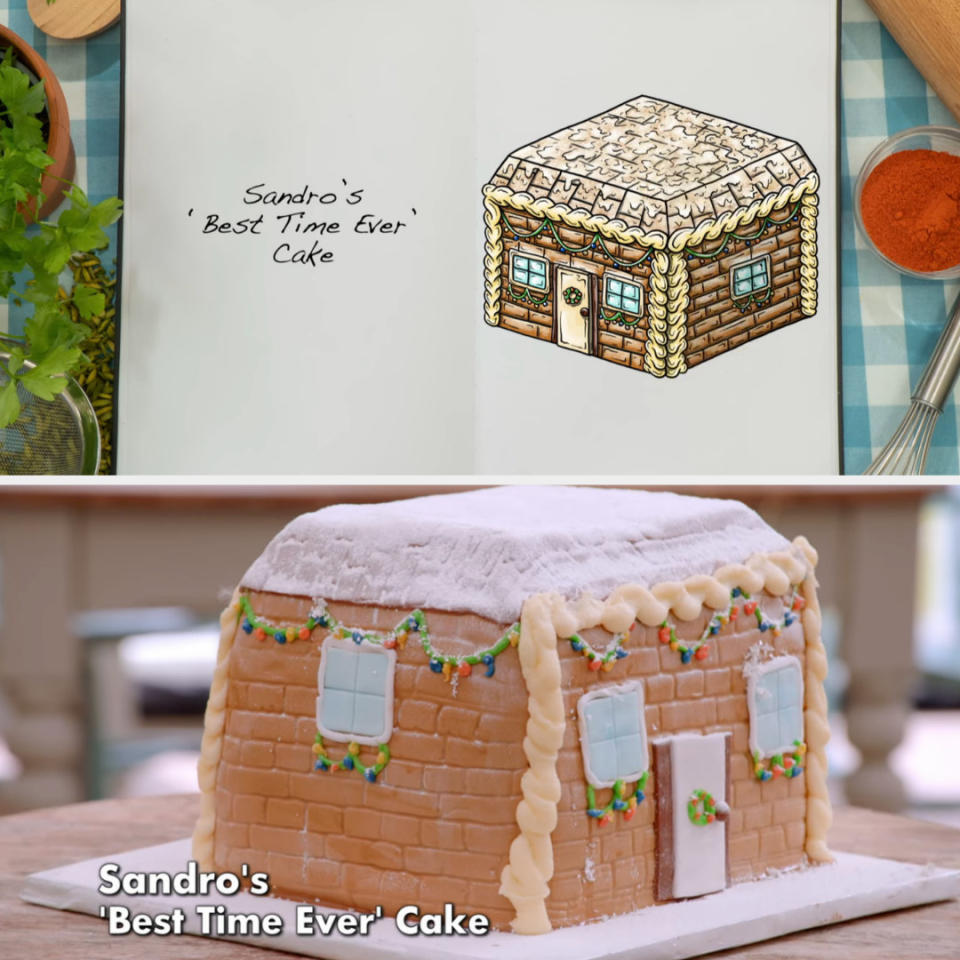 Drawing of Sandro's showstopper cake side by side with the actual bake
