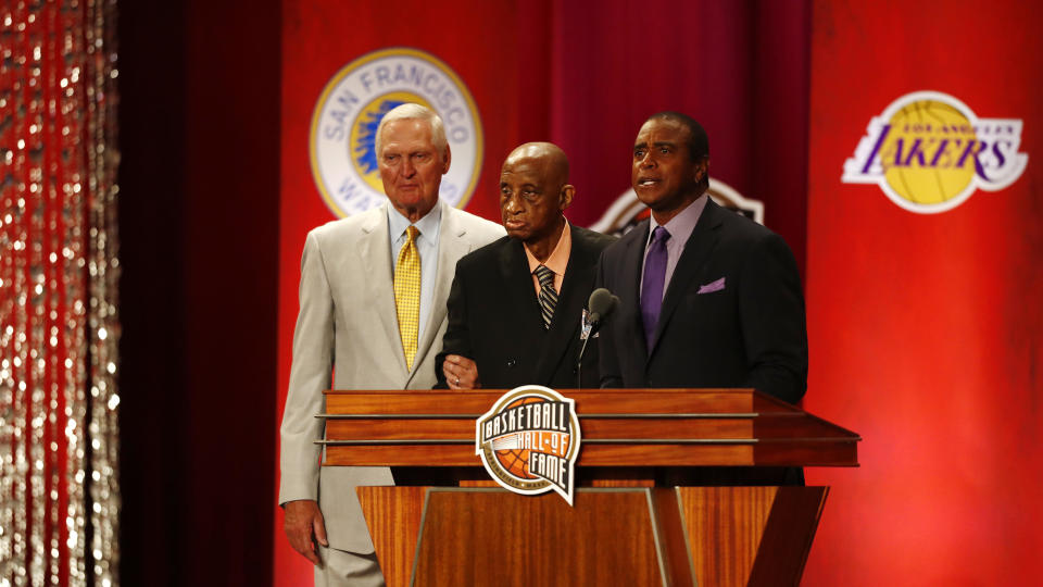 Master of Ceremony Ahmad Rashad introduces Dick Barnett and Jerry West during the 2019 Basketball Hall of Fame Enshrinement Ceremony at Symphony Hall on September 6, 2019 in Springfield, Massachusetts. / Credit: Omar Rawlings / Getty Images