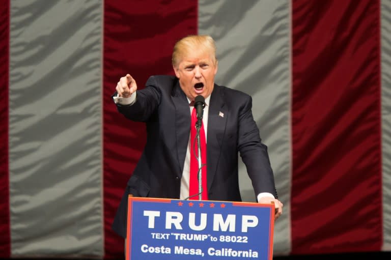 Republican presidential candidate Donald Trump speaks during a campaign rally on April 28, 2016, in Costa Mesa, California