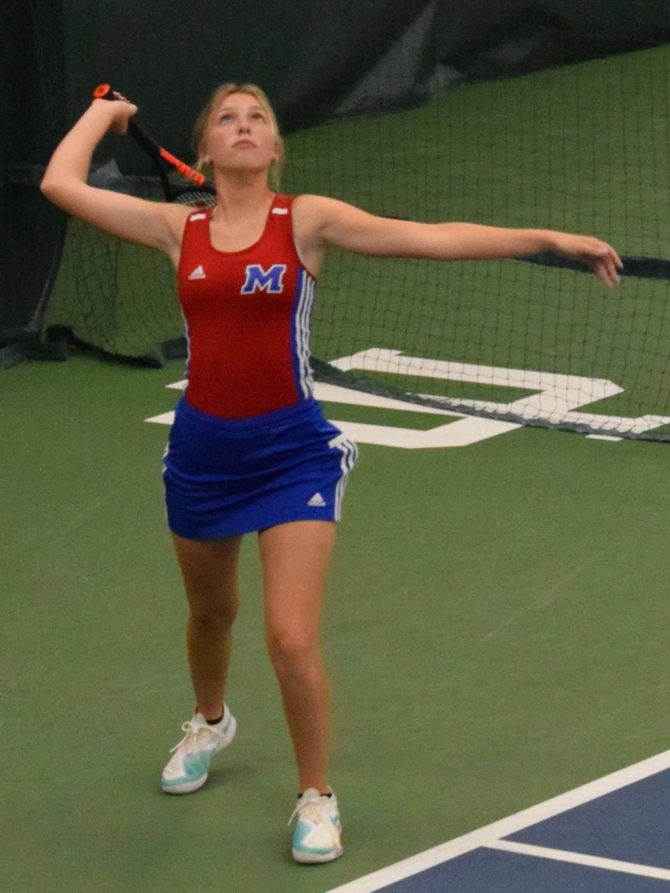 Martinsville junor Ainsley Lowder awaits her serve toss to fall during her No. 1 doubles loss to Bedford North Lawrence in sectional play. (Seth Tow/Herald-Times)