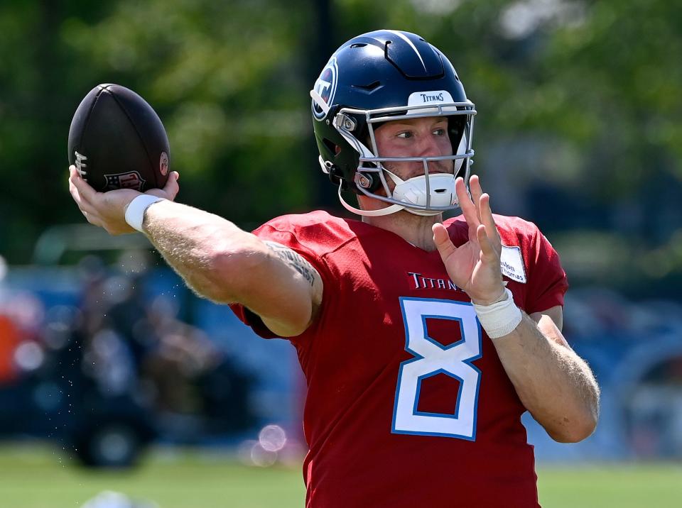 Tennessee Titans quarterback Will Levis (8) passes the ball after an NFL football training camp practice Monday, July 31, 2023, in Nashville, Tenn.