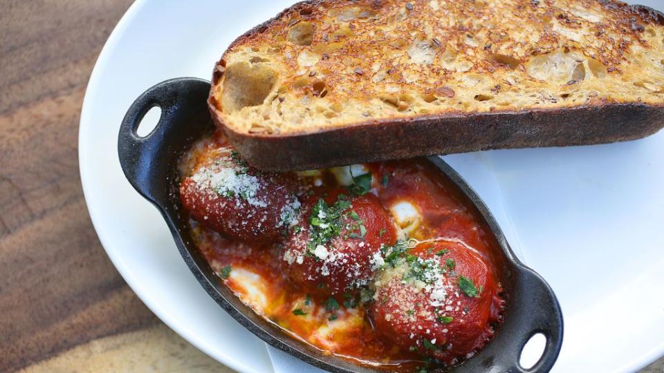meatballs beef brisket and kurobuta pork shoulder, tomato sugo, buffalo mozzarella, and griddled country bread at contrada on friday, may 12, 2017, in san francisco, calif contrada opened on union street within the last year