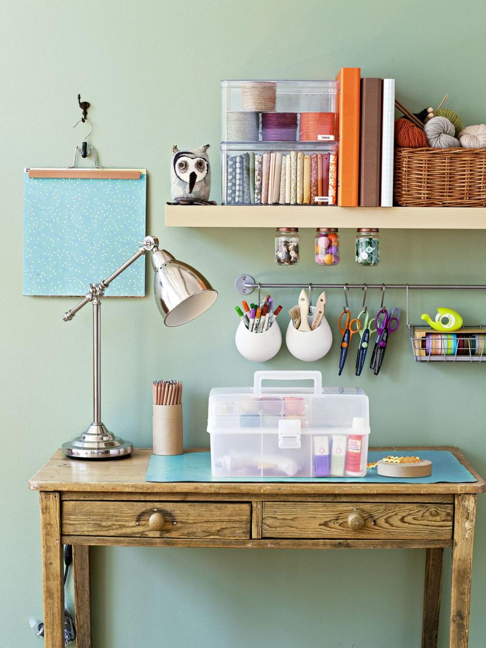 arts and crafts desk with shelf and hanging rack