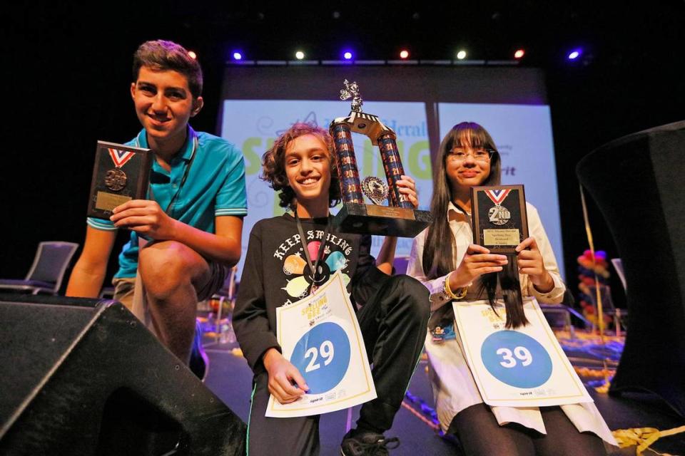 The first-, second- and third-place winners of the 83rd annual Miami Herald Spelling Bee in Broward, from left: Rafael Kazazian, a seventh-grader at Pinecrest School, who placed third; Lancaster Gramer, a fifth-grader at Franklin Academy, who placed first; and Mikayla Areopagita, a seventh-grader at NSU University School, who placed second.