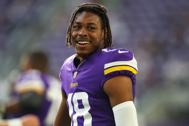 <p>David Berding/Getty</p> Justin Jefferson before the start of a preseason game against the Indianapolis Colts on August 21, 2021 in Minneapolis, Minnesota.