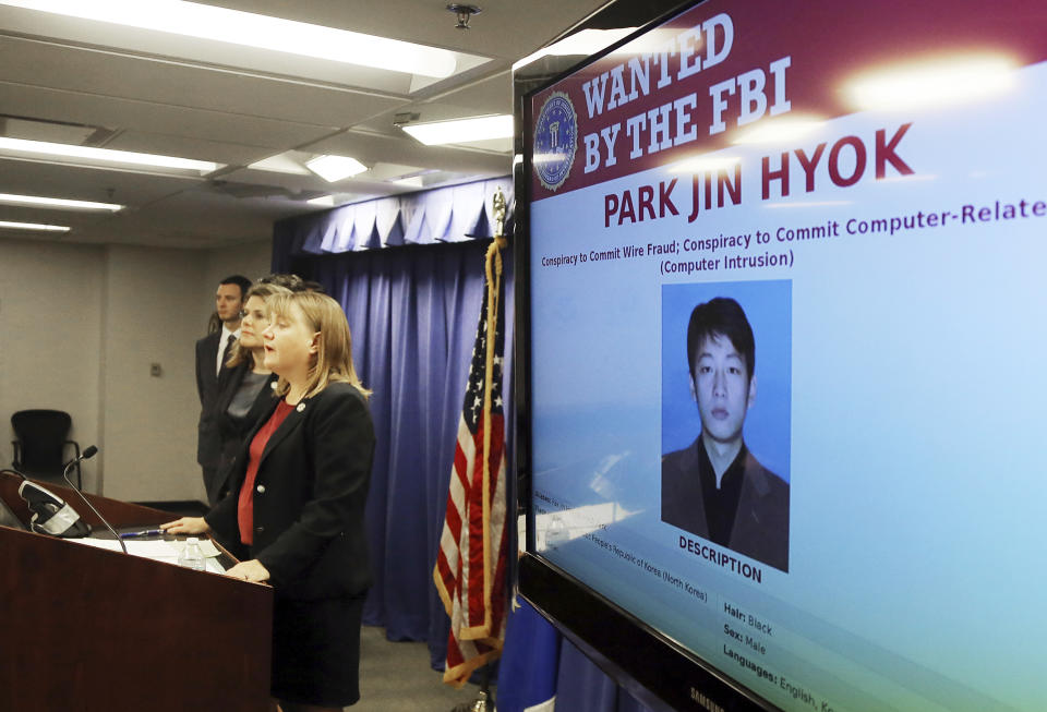 United States Attorney Tracy Wilkison announces a criminal complaint being filed against a North Korean national accused in a series of destructive cyberattacks around the world, at a news conference in Los Angeles Thursday, Sept. 6, 2018. The complaint alleges Park Jin Hyok, computer programmer accused of working at the behest of the North Korean government, was charged Thursday in connection with several high-profile cyberattacks, including the Sony Pictures Entertainment hack and the WannaCry ransomware virus that affected hundreds of thousands of computers worldwide. (AP Photo/Reed Saxon)