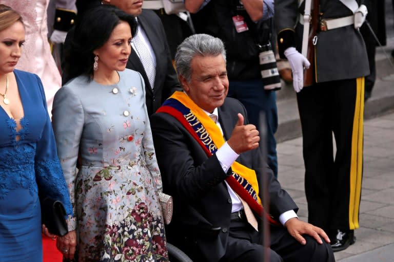 Ecuador's new President Lenin Moreno gives the thumbs-up after his inauguration ceremony in Quito