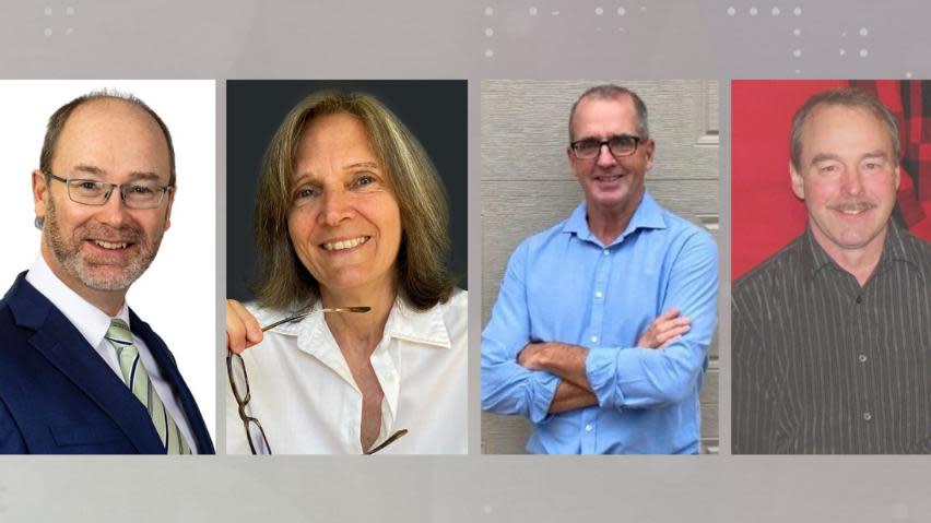 Candidates in the District 19 Borden-Kinkora byelection, from left, Matt McFarlane (Green), Karen Morton (NDP), Carmen Reeves (PC) and Gordon Sobey (Liberal). The byelection will be held Monday, Feb. 5.  (CBC - image credit)