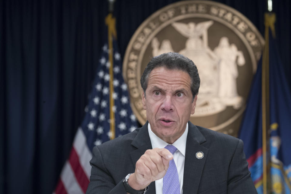 FILE - In a Friday, Sept. 14, 2018 file photo, New York Gov. Andrew Cuomo speaks to reporters during a news conference, in New York. Gov. Andrew Cuomo questioned Sunday, Oct. 14, 2018 why state Republicans would have invited the founder of a far-right group to speak in Manhattan, and he blamed them and President Donald Trump for violent clashes that took place after the speech. (AP Photo/Mary Altaffer, File)