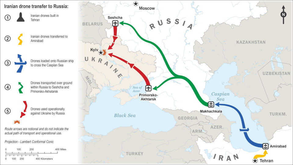 A graphic made by the White House illustrates the route the Iranian-made drones travel, as they are shipped across the Caspian Sea, from Amirabad, Iran, to Makhachkala, Russia. They are then used operationally to attack Ukraine from Russian military bases.  (White House)