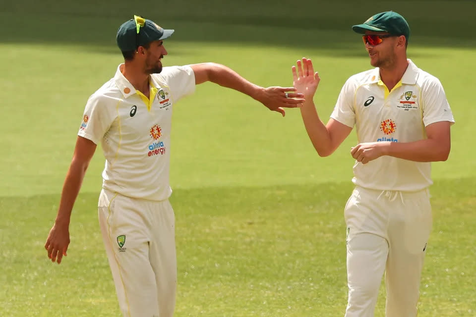 Fast bowlers Mitchell Starc and Josh Hazlewood are both pushing to be included in the Aussie XI for the second Test against India in Delhi. Pic: Getty
