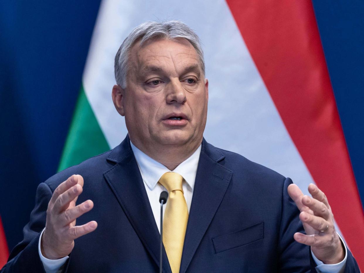 Hungarian Prime Minister Viktor Orban adresses the media during the annual international press conference in Budapest: AP