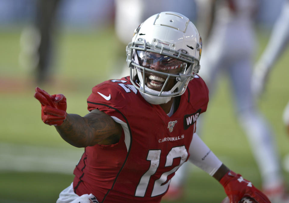 Arizona Cardinals wide receiver Pharoh Cooper (12) celebrates a first down after a catch against the Tampa Bay Buccaneers during the second half of an NFL football game Sunday, Nov. 10, 2019, in Tampa, Fla. (AP Photo/Jason Behnken)