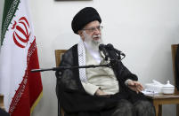 In this picture released on Wednesday, June 19, 2019, by the official website of the office of the Iranian supreme leader, Supreme Leader Ayatollah Ali Khamenei speaks in a meeting at his residence in Tehran, Iran. President Donald Trump signed an executive order on Monday, June 24, 2019, targeting Iran's supreme leader and his associates with financial sanctions, the latest action the U.S. has taken to discourage Tehran from developing nuclear weapons and supporting militant groups. (Office of the Iranian Supreme Leader via AP)