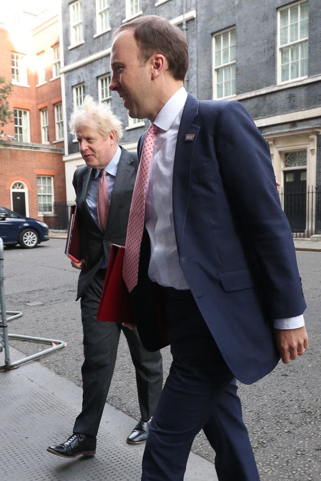 Prime Minister Boris Johnson (left) and then health secretary Matt Hancock (Yui Mok/PA)