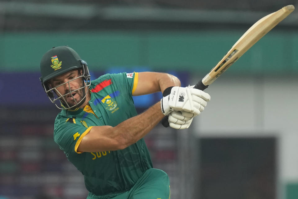 South Africa's Aiden Markram plays a shot during the ICC Men's Cricket World Cup second semifinal match between Australia and South Africa in Kolkata, India, Thursday, Nov. 16, 2023. (AP Photo/Bikas Das)