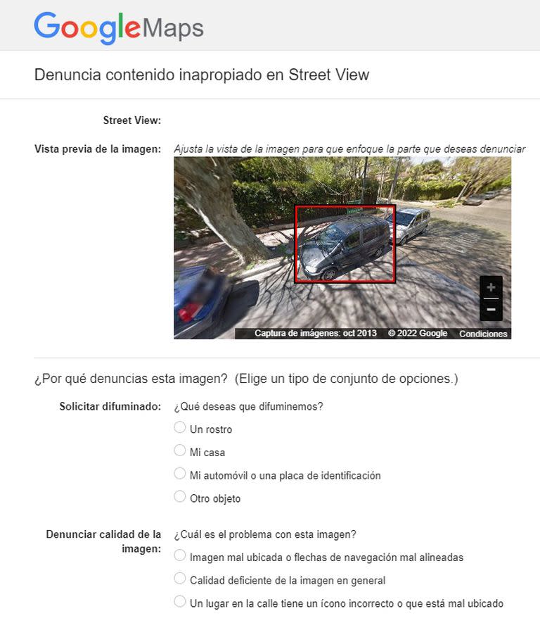 El panel de Street View que permite pedirle a la compañía que haga menos visible un auto o la fachada de una casa