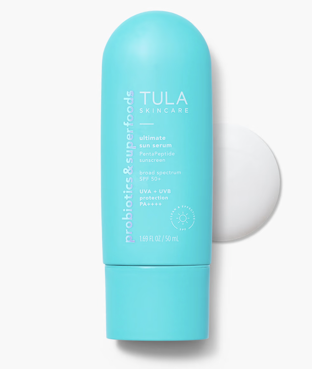 <p>Say hello to Tula’s newest sunscreen that’s next-level. Both a sunscreen and serum, we guarantee this inventive sunscreen will melt into the skin with no leftover residue. The Ultimate Sun Serum defends against UVA/UVB rays and blue light, while also smoothing skin over time. Bonus! It won’t clog pores either. One reviewer even called Tula’s sunscreen a “vacation life saver.”</p> <div class="buy-now pmc-product-wrapper // lrv-u-border-b-1 lrv-u-border-color-grey-light lrv-u-padding-b-150 lrv-u-margin-b-2"> <span class="c-span  buy-now__title lrv-u-font-family-secondary lrv-u-font-weight-700 lrv-u-font-size-28 u-font-size-34@tablet lrv-u-line-height-small lrv-u-display-block"> The Ultimate Sun Serum </span> <span class="c-span  buy-now__price pmc-product-price lrv-u-font-family-secondary lrv-u-font-size-20 lrv-u-color-grey-dark u-font-size-21@tablet u-letter-spacing-012"> $42</span> <div> <a class="link " href="https://howl.me/cjuqd7ixqU2" rel="nofollow noopener" target="_blank" data-ylk="slk:Buy now;elm:context_link;itc:0;sec:content-canvas"> <span class="c-button__inner lrv-u-color-white a-font-secondary-bold-xs lrv-u-text-transform-uppercase u-letter-spacing-015"> Buy now </span> </a> </div> </div>