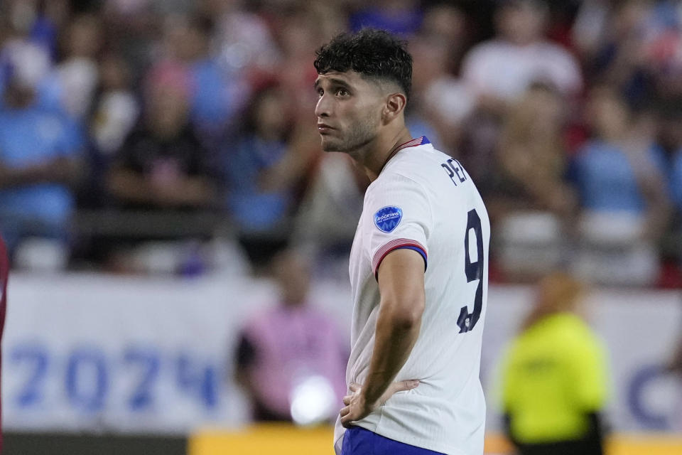 Ricardo Pepi of the United States reacts after the United States was defeated by Uruguay in a Copa America Group C soccer match, Monday, July 1, 2024, in Kansas City, Mo. (AP Photo/Ed Zurga)