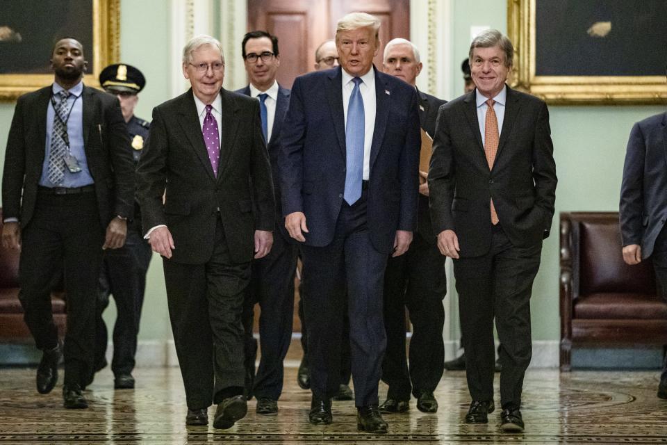 President Donald Trump arrives at the U.S. Capitol to attend the Republicans weekly policy luncheon on March 10, 2020 in Washington, D.C.