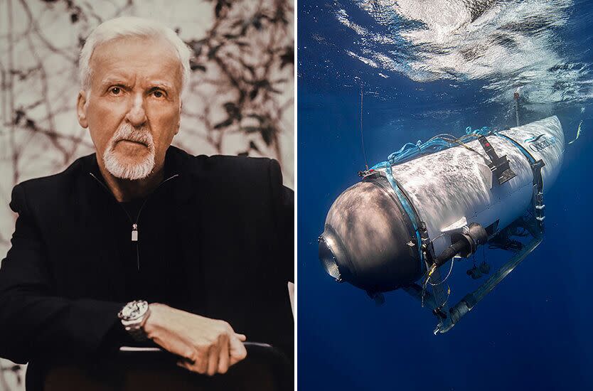 Left: Director James Cameron of "Avatar" Right; An undated photo shows tourist submersible belongs to OceanGate