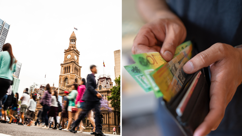 Pedestrians in Sydney, close up of hands holding wallet full of cash. 